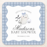 Blue Pastel Little Boo Ghost Baby Shower Bar Square Paper Coaster<br><div class="desc">A little boo is almost due! Get ready for a spooktacular celebration with our Cute Pastel Blue Ghost theme party decor! This charming design features an adorable ghost holding a pumpkin candy basket, set against a light Blue wavy border and a preppy gingham background. Perfect for a fun and festive...</div>