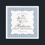 Blue Pastel Little Boo Ghost Birthday Dessert Napkin<br><div class="desc">Hey Boo! Get ready for a spooktacular celebration with our Cute Pastel Blue Ghost theme party decor! This charming design features an adorable ghost holding a pumpkin candy basket, set against a light Blue wavy border and a preppy gingham background. Perfect for a fun and festive Halloween celebration. Let's get...</div>