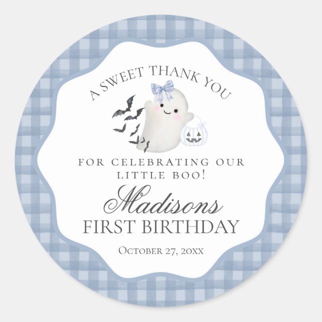 Blue Pastel Little Boo Ghost Birthday Party Favour Classic Round Sticker (Front)