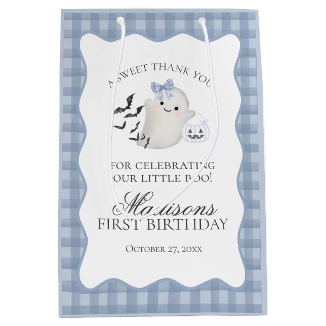 Blue Pastel Little Boo Ghost Birthday Party Favour Medium Gift Bag (Front)