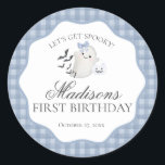 Blue Pastel Little Boo Ghost Birthday Party Seal<br><div class="desc">Hey Boo! Get ready for a spooktacular celebration with our Cute Pastel Blue Ghost theme party decor! This charming design features an adorable ghost holding a pumpkin candy basket, set against a light Blue wavy border and a preppy gingham background. Perfect for a fun and festive Halloween celebration. Let's get...</div>