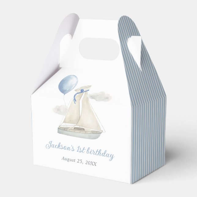 Blue Pastel Nautical Sail Boat 1st Birthday Favour Box (Front Side)