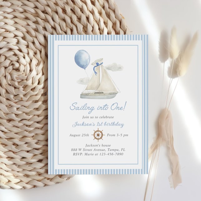Blue Pastel Nautical Sail Boat 1st Birthday Invitation (Creator Uploaded)