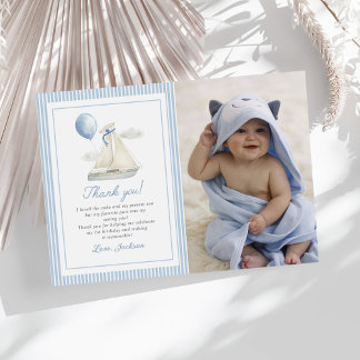 Blue Pastel Nautical Sail Boat 1st Birthday Photo Thank You Card