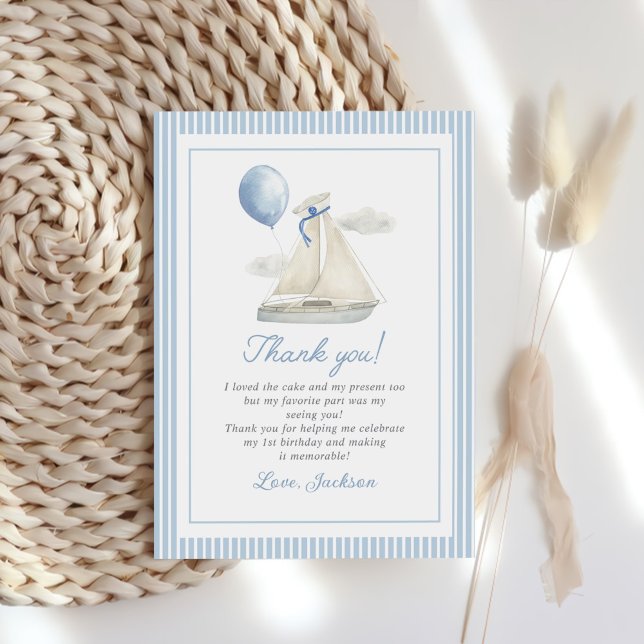 Blue Pastel Nautical Sail Boat 1st Birthday Thank You Card (Creator Uploaded)