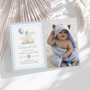 Blue Pastel Nautical Sail Boat 2nd Birthday Photo Invitation