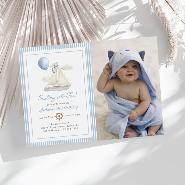 Blue Pastel Nautical Sail Boat 2nd Birthday Photo Invitation (Creator Uploaded)