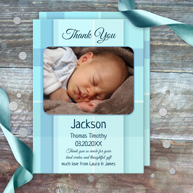 Blue Pastel Plaid Baby Photo Thank You Card (Gender neutral baby Thank You card with a photo of your own baby on a pastel blue turquoise plaid)