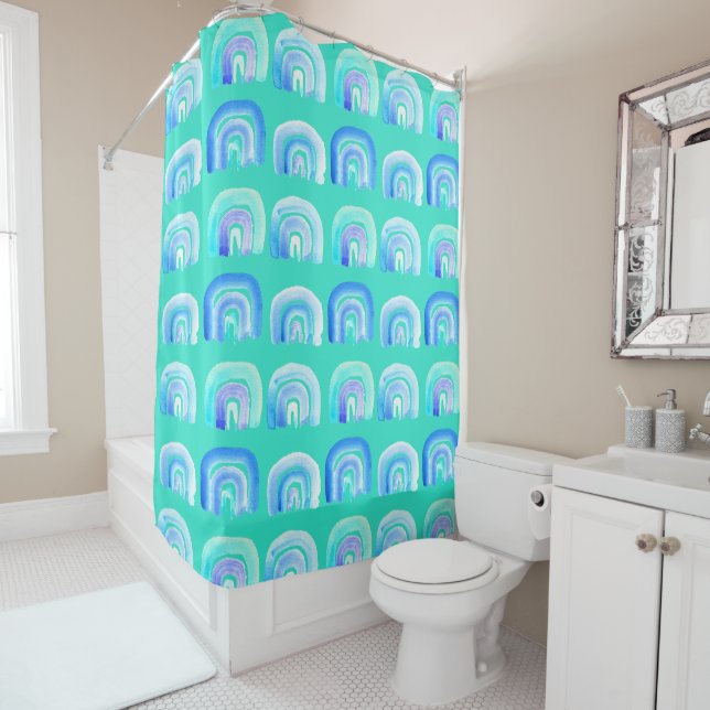 Blue Pastel retro rainbow Shower Curtain (In Situ)