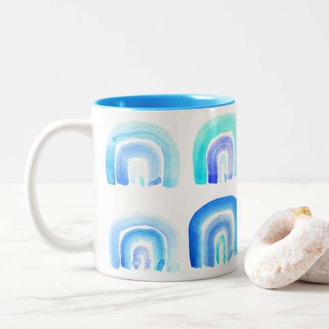 Blue Pastel retro rainbow Two-Tone Coffee Mug (With Donut)