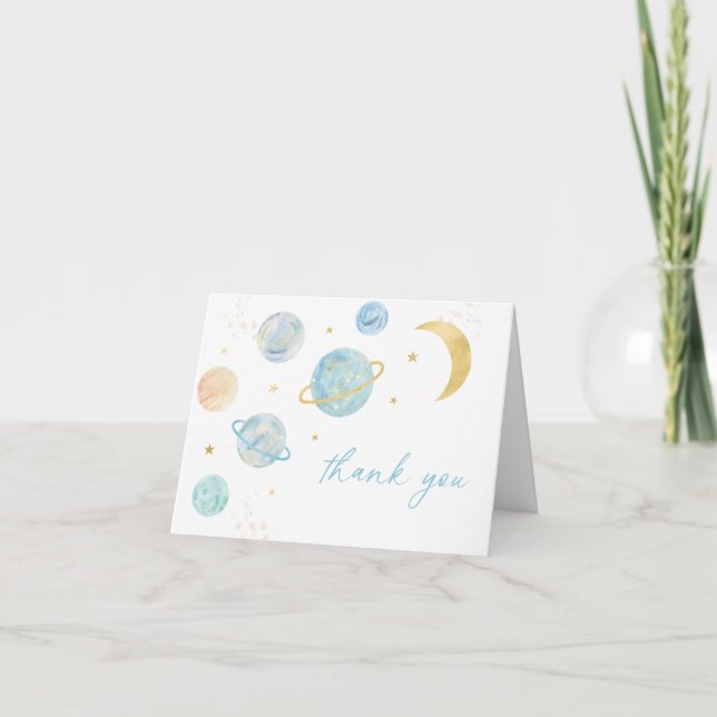 Blue Pastel Two the Moon Space Birthday Thank You Card (Front)