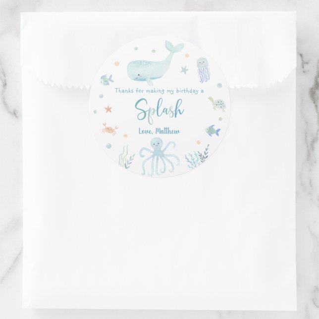 Blue Pastel Under the Sea Birthday Thank You Classic Round Sticker (Bag)