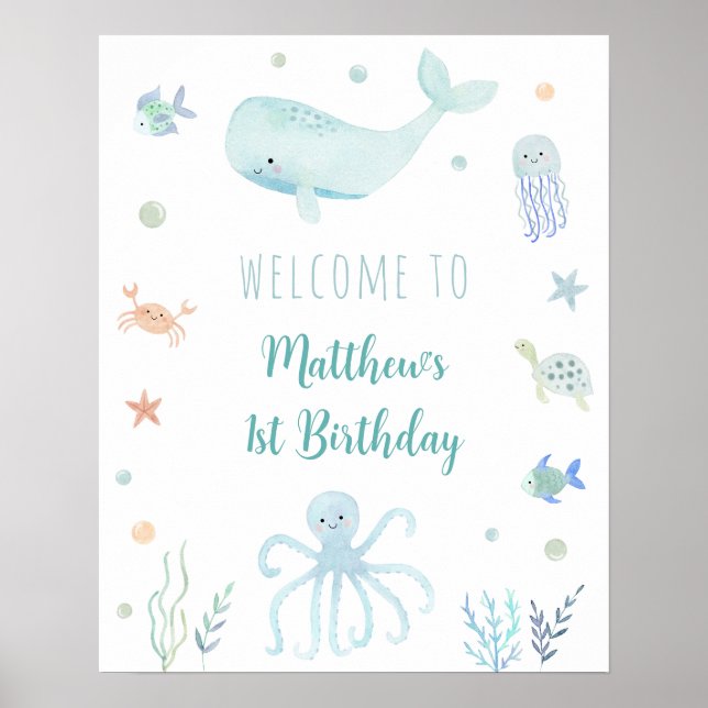 Blue Pastel Under the Sea Birthday Welcome Poster (Front)