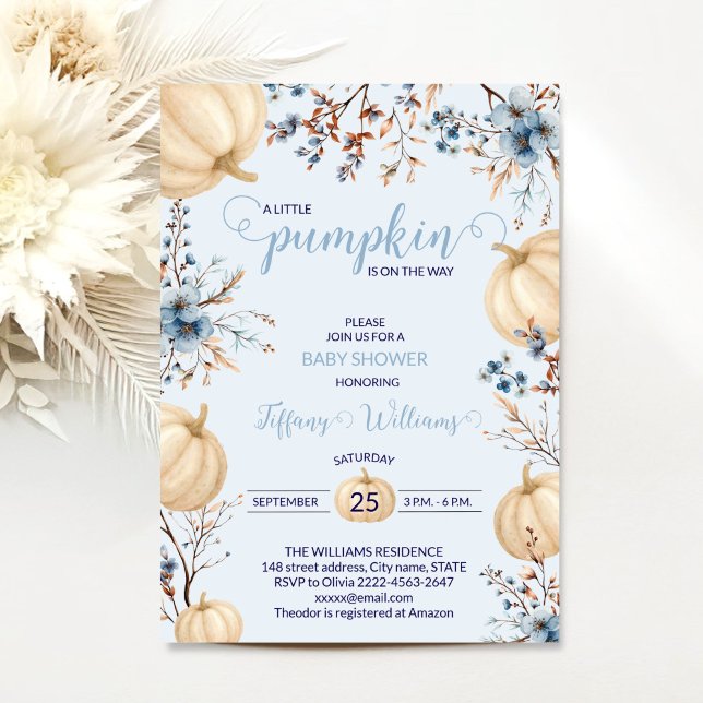 Blue Pastel Watercolor Pumpkin fall wild flowers Invitation (Blue boy Rustic Pumpkin Baby Shower Invitation | Neutral Fall Floral Autumn Theme)