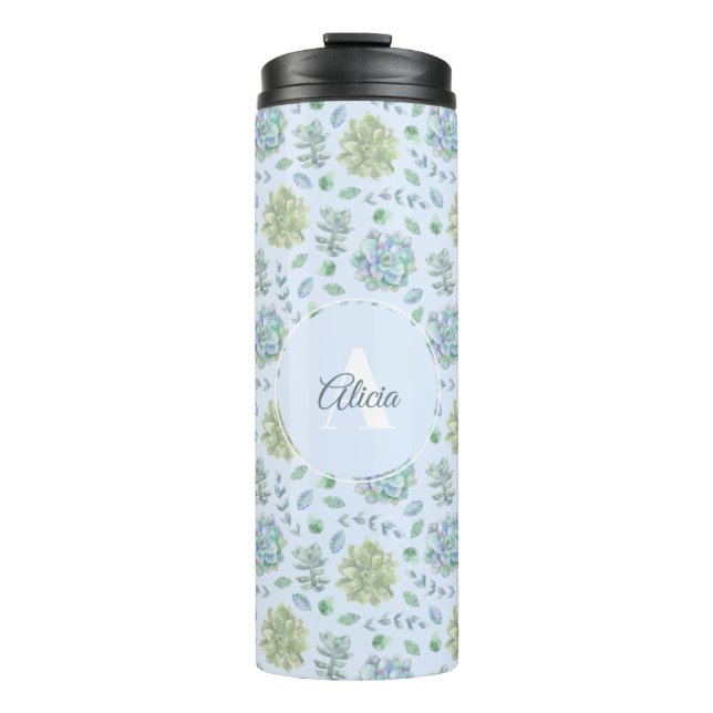 Blue Pastel Watercolor Succulents Personalised  Thermal Tumbler (Front)