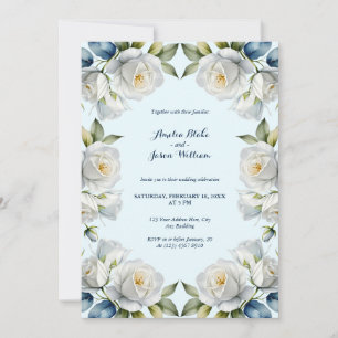 Blue Pastel White Rose Floral Border Wedding Invitation