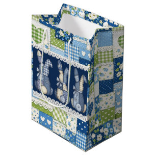 Blue Patchwork Bunnies  Medium Gift Bag