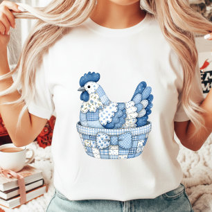 Blue Patchwork Easter Chicken Gingham Floral T-Shirt