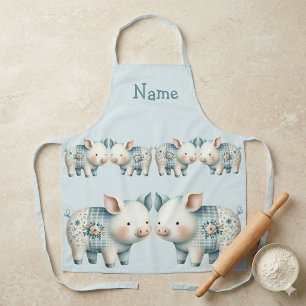 Blue Patchwork Pig Cottagecore Illustration Apron