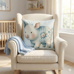 Blue Patchwork Pig Cottagecore Illustration Cushion