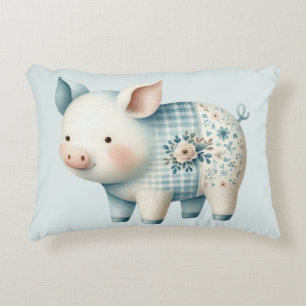 Blue Patchwork Pig Cottagecore Illustration Decorative Cushion