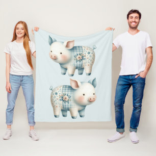 Blue Patchwork Pig Cottagecore Illustration Fleece Blanket