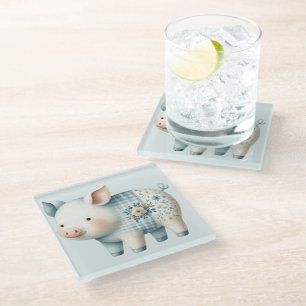 Blue Patchwork Pig Cottagecore Illustration Glass Coaster