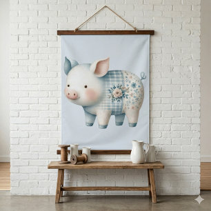 Blue Patchwork Pig Cottagecore Illustration Hanging Tapestry
