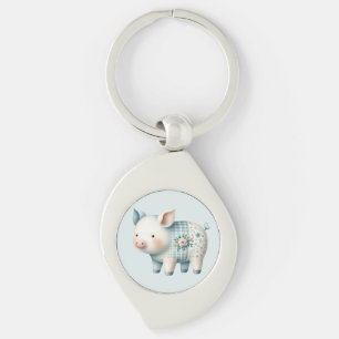 Blue Patchwork Pig Cottagecore Illustration Key Ring