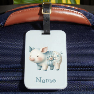 Blue Patchwork Pig Cottagecore Illustration Luggage Tag