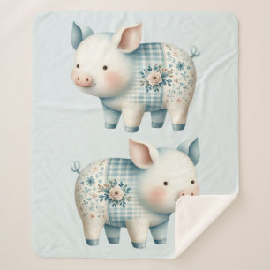 Blue Patchwork Pig Cottagecore Illustration Sherpa Blanket