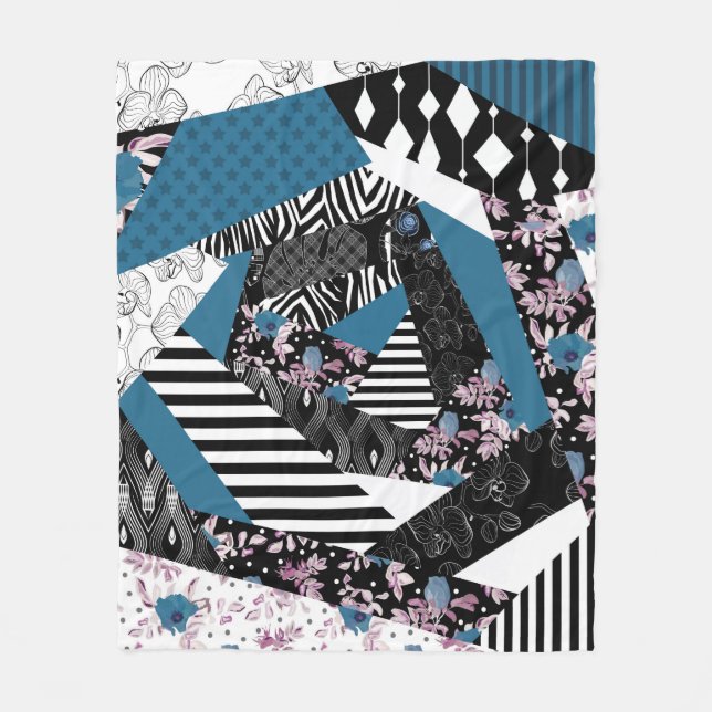 Blue patchwork, popular, patchwork, folk, rustic,  fleece blanket (Front)