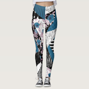 Blue patchwork, popular, patchwork, folk, rustic,  leggings