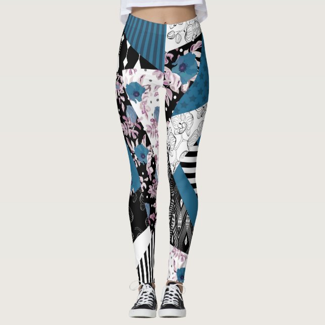 Blue patchwork, popular, patchwork, folk, rustic,  leggings (Front)