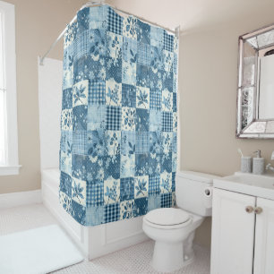 Blue Patchwork Quilt Rustic Floral Retro  Shower Curtain