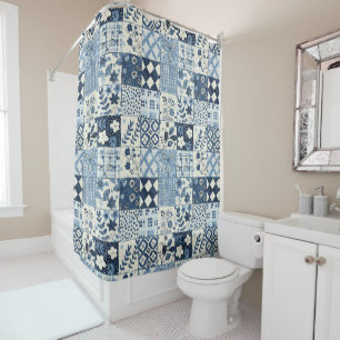 Blue Patchwork Quilt Rustic Floral Retro  Shower Curtain