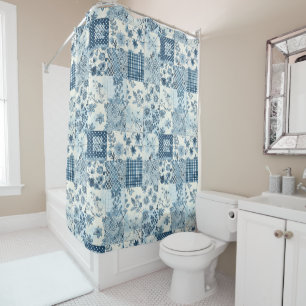Blue Patchwork Quilt Rustic Floral Retro  Shower Curtain