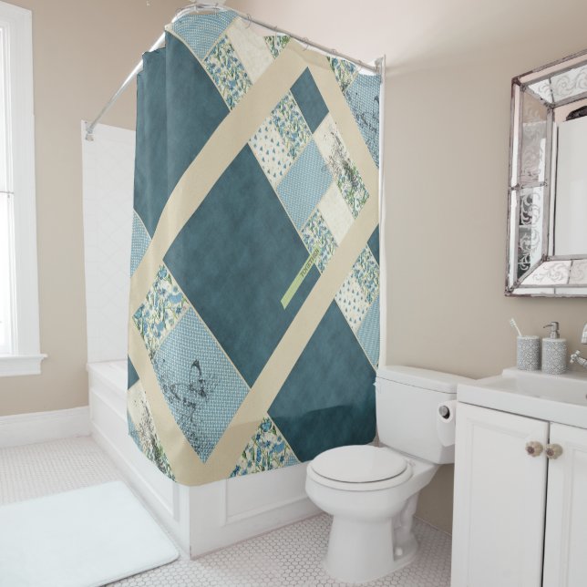 Blue Patchwork Shower Curtain (In Situ)