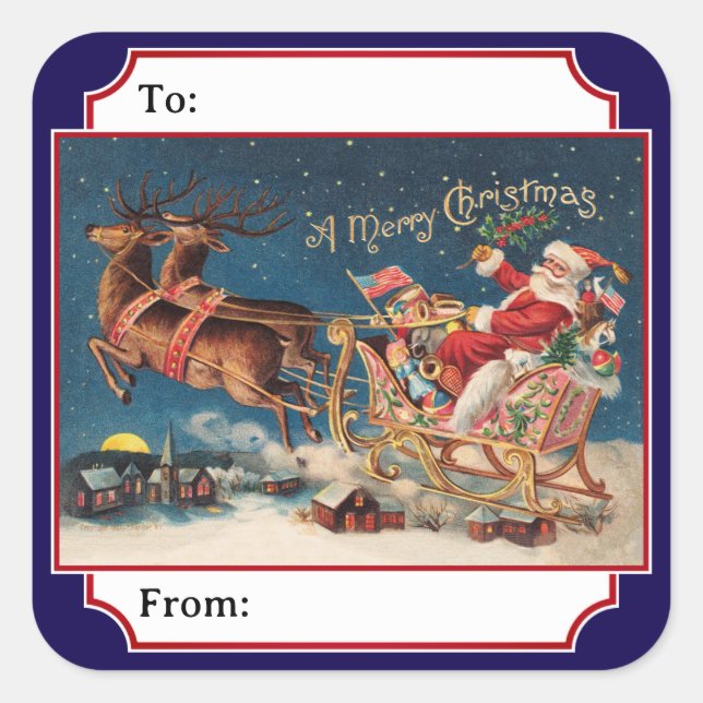 Blue Patriotic American Santa Christmas Gift Label (Front)