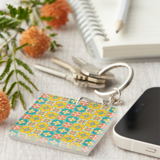 Blue pattern in cheerful colors key ring