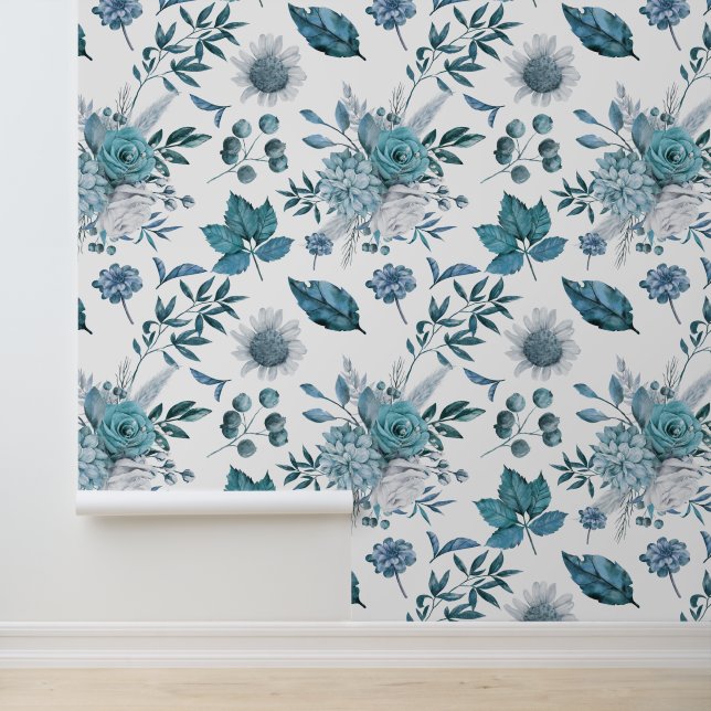 Blue pattern of flowers and leaves wallpaper (Application)