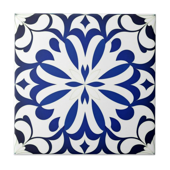 Blue pattern on white background tile (Front)