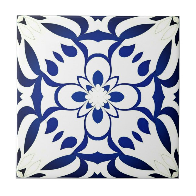 Blue pattern on white background tile (Front)