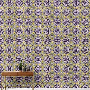 Blue Pattern Yellow Blossoms Wallpaper
