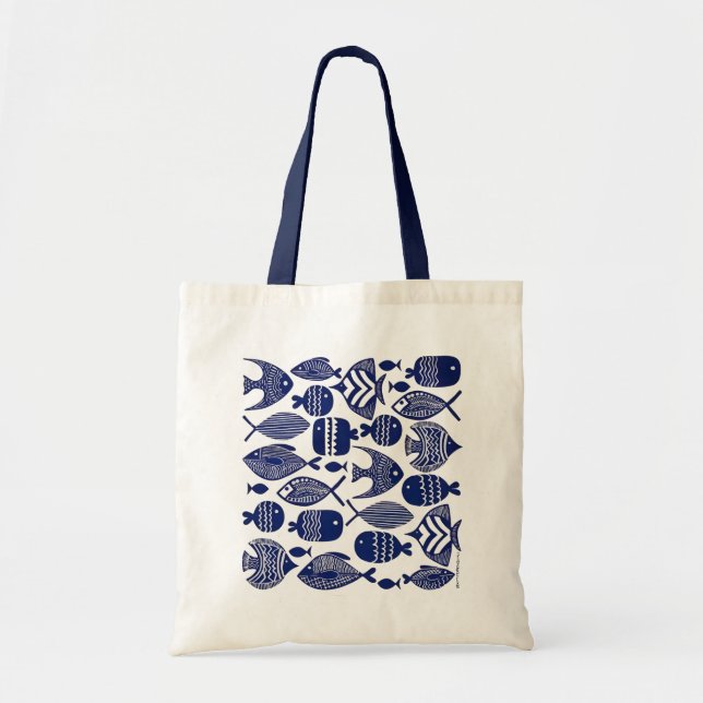 Blue Patterned Fish Tote Bag (Front)