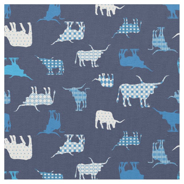 Blue Patterned Longhorns Pattern Fabric (Close Up)