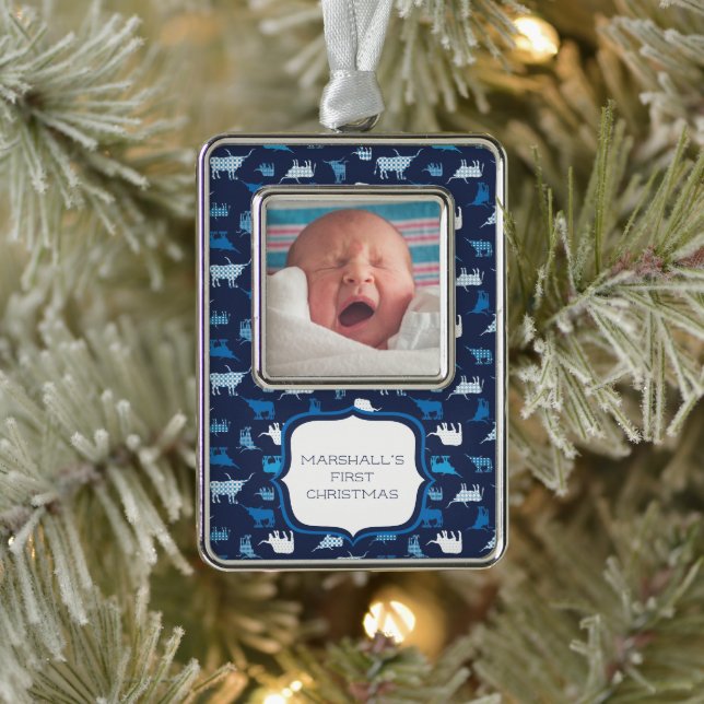Blue Patterned Longhorns Pattern Photo Christmas O Silver Plated Framed Ornament (Tree)