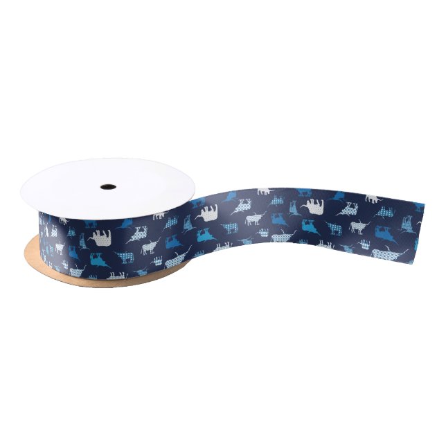 Blue Patterned Longhorns Pattern Satin Ribbon (Spool)