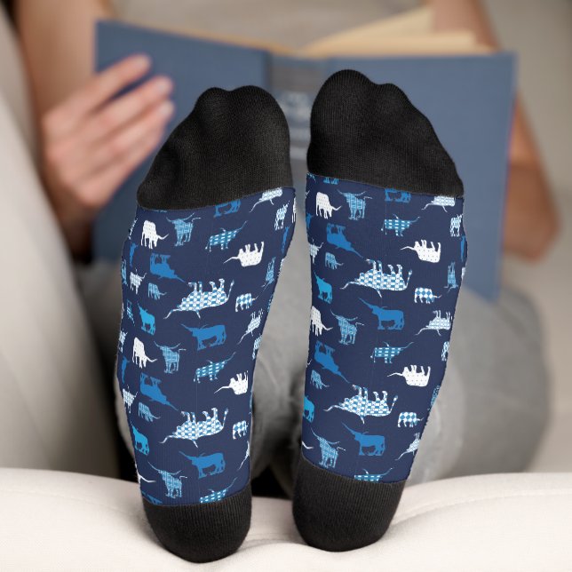 Blue Patterned Longhorns Pattern Socks (Bottom)