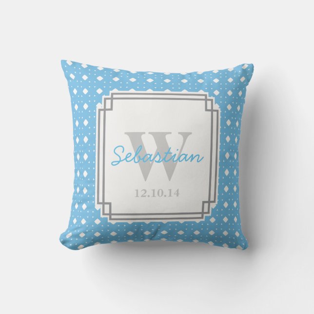 Blue Patterned Personalised Baby Boy Throw Pillow (Front)